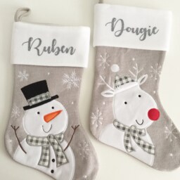 Personalised Light Grey Knitted Stocking - Stocking Christmas Snowman Santa Reindeer Penguin - thumbnail 1