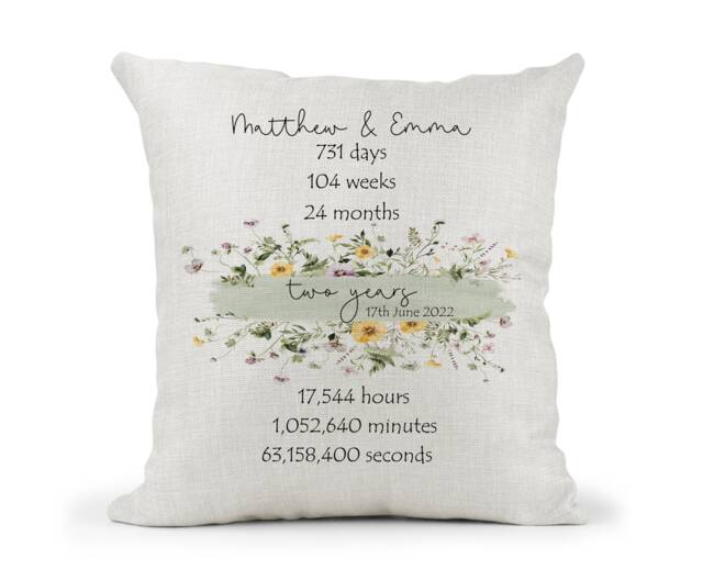 Personalised Floral 2nd Anniversary Cream Canvas Cushion, Scatter Cushion, Home Decor, Wedding, 2 Years, Mum Dad, Days Months, Hours, Mins - image 1