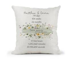 Personalised Floral 2nd Anniversary Cream Canvas Cushion, Scatter Cushion, Home Decor, Wedding, 2 Years, Mum Dad, Days Months, Hours, Mins