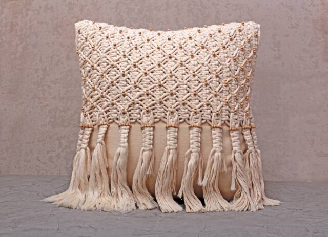 Off-White Cotton Macrame Bohemian, Bali Style Pillow Cover, Decorative Handmade Throw Cover, Embroidered Cover Wlcc042 - image 1