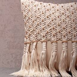 Off-White Cotton Macrame Bohemian, Bali Style Pillow Cover, Decorative Handmade Throw Cover, Embroidered Cover Wlcc042 - thumbnail 2