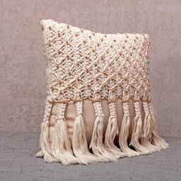 Off-White Cotton Macrame Bohemian, Bali Style Pillow Cover, Decorative Handmade Throw Cover, Embroidered Cover Wlcc042 - thumbnail 3