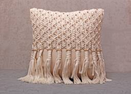 Off White Macrame Pillow Cover With Tassels & Wooden Beads, Boho Cotton Cushion, Handmade