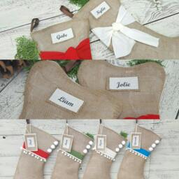 Unique Christmas Stockings, Burlap Holiday Personalized Handmade Tan Trending - thumbnail 4