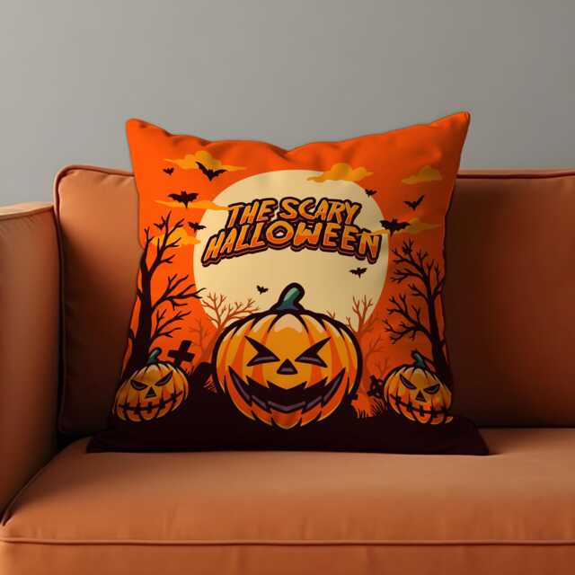 Scary Halloween Cushion Cover, Spooky Pumpkin Print Throw Pillow Case With Full Moon & Bats, Fun Decor For Sofa Or Party Room - image 1