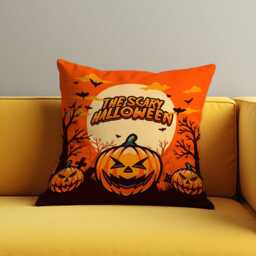 Scary Halloween Cushion Cover, Spooky Pumpkin Print Throw Pillow Case With Full Moon & Bats, Fun Decor For Sofa Or Party Room - thumbnail 2