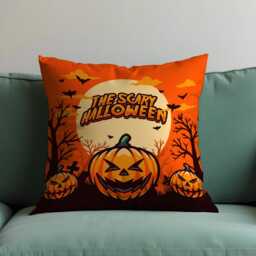 Scary Halloween Cushion Cover, Spooky Pumpkin Print Throw Pillow Case With Full Moon & Bats, Fun Decor For Sofa Or Party Room - thumbnail 4