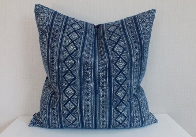Batik Hmong Pillow Hand-Printed Navy Blue Indigo Throw Pillows Decorative Sofa Cushion Pillowcase - image 1