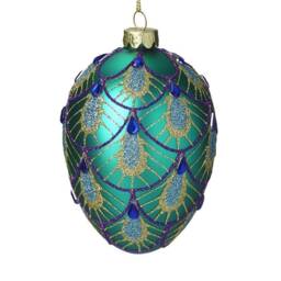 Turquoise & Blue Peacock Feather Patterned Glass Christmas Tree Bauble - Festive Winter Decor Purple Gold Sparkle Classy Gift Family Friends