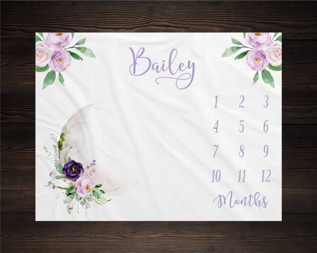 Purple Floral Moon Milestone Blanket, Baby Luna Personalized Shower Gift, Girl - image 1