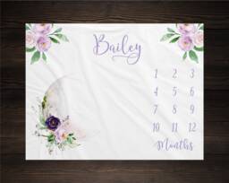 Purple Floral Moon Milestone Blanket, Baby Luna Personalized Shower Gift, Girl