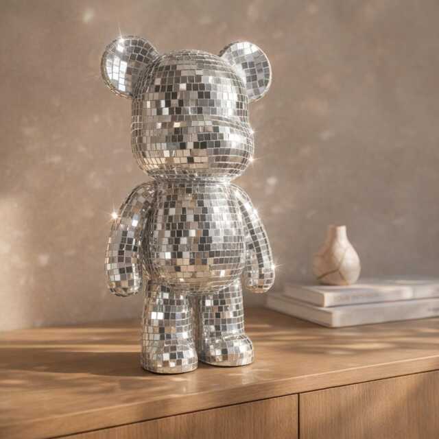 Mirror Mosaic Disco Bear Figurine - Silver Sparkle Glam Decor Gift For Her UK - image 1