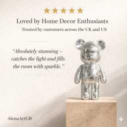 Mirror Mosaic Disco Bear Figurine - Silver Sparkle Glam Decor Gift For Her UK - thumbnail 2