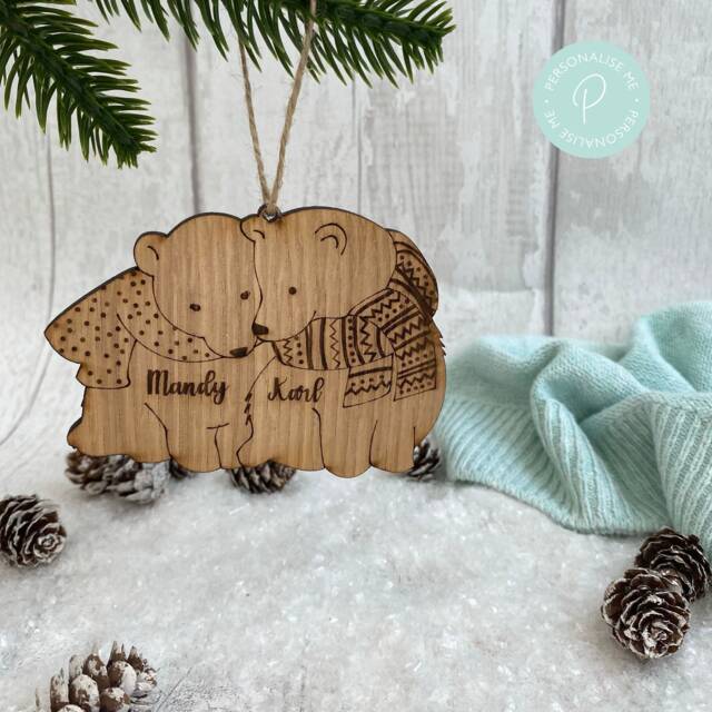 Personalized Polar Bear Christmas Decoration Oak Couple Ornament - image 1