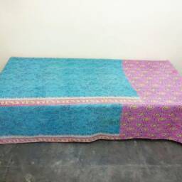 Twin Indian Kantha Quilt, Floral Cotton Bedspread, Handmade Throw - thumbnail 3