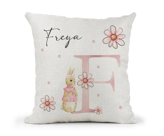 Personalised Peter Rabbit Cushiongirls Pink Floral Daisy Letter Giftbedroom Decordaughtergranddaughtergoddaughternieceflopsy - image 1