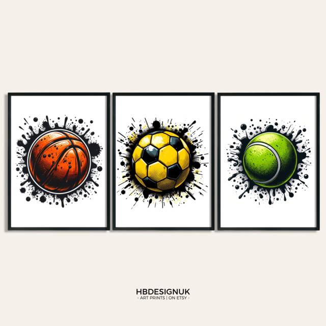Sport Balls Art Print - Wall - Set Of 3 Graffiti Posters Boys Bedroom Decor Sports Room Artwork Basketball, Football, Tennis - image 1