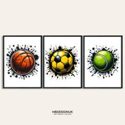 Sport Balls Art Print - Wall - Set Of 3 Graffiti Posters Boys Bedroom Decor Sports Room Artwork Basketball, Football, Tennis - thumbnail 1