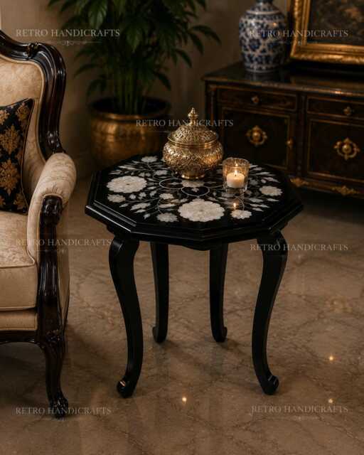 Black Marble Side Table Mother Of Pearl Inlay Octagonal Nightstand - image 1