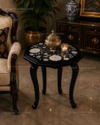 Black Marble Side Table Mother Of Pearl Inlay Octagonal Nightstand