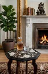 Black Marble Side Table Mother Of Pearl Inlay Octagonal Nightstand - thumbnail 2