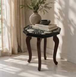 Black Marble Side Table Mother Of Pearl Inlay Octagonal Nightstand - thumbnail 4