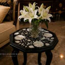Black Marble Side Table Mother Of Pearl Inlay Octagonal Nightstand - thumbnail 3