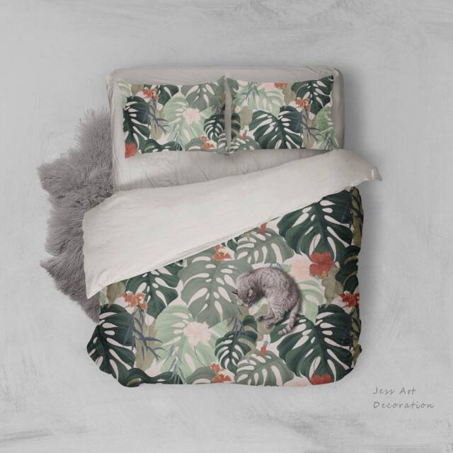 3D Tropical Leaf Duvet Cover Set, Floral Hibiscus Bedding - image 1
