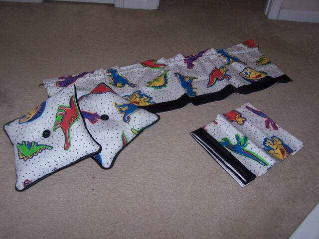 "Children's , Dinosaur Print Valances 1 Pair 52"" X 15.5"" Matching Throw Pillows Home Decor 14" - image 1