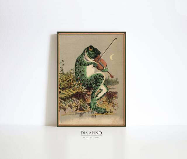 Frog Playing Violin Vintage Poster, Antique Moonlight Illustration, Printable Wall Decor, Green Retro Print, Funny Toad Art, Gift Idea - image 1