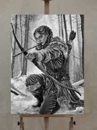 Huntress - Original Gouache Painting, Fantasy Art, 45 X 60 cm Canvas - thumbnail 1