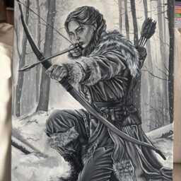 Huntress - Original Gouache Painting, Fantasy Art, 45 X 60 cm Canvas - thumbnail 2