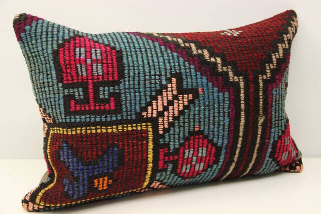 Vintage Turkish Kilim Pillow Cover 16x24, Wool Lumbar Cushion - image 1