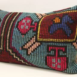 Vintage Turkish Kilim Pillow Cover 16x24, Wool Lumbar Cushion - thumbnail 3