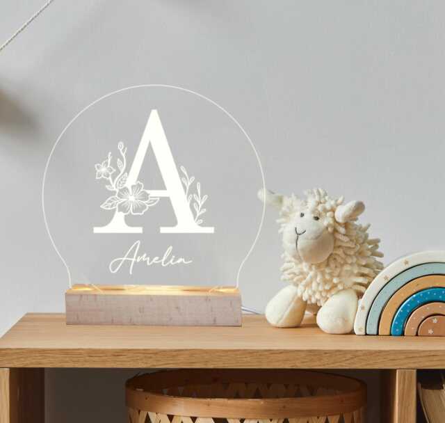 Custom Floral Initial Wooden Night Light Engraved Desk Lamp - image 1