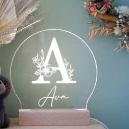 Custom Floral Initial Wooden Night Light Engraved Desk Lamp - thumbnail 2