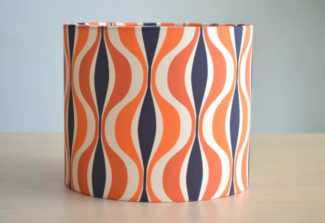 Retro Orange & Blue Printed Cotton Fabric Lampshade, Vintage Retro Pattern Table Lamp, Living Room Pendant Light, Ceiling Light Fixture - image 1