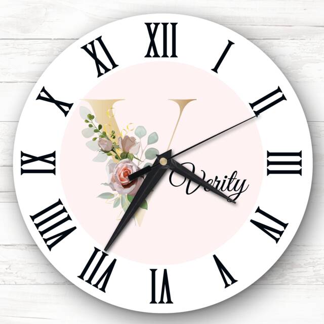 Floral Alphabet Name Initial Letter V Personalised Gift Clock - image 1
