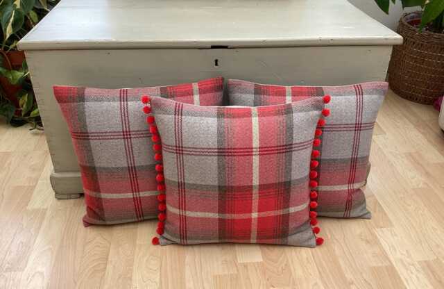 Handmade Set Of 3 Balmoral Cherry Red Grey Tartan Tweed Plaid Wool Effect Fabric Country Throw Pillow Shams Cushion Covers Pompom Trim - image 1