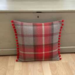 Handmade Set Of 3 Balmoral Cherry Red Grey Tartan Tweed Plaid Wool Effect Fabric Country Throw Pillow Shams Cushion Covers Pompom Trim - thumbnail 4