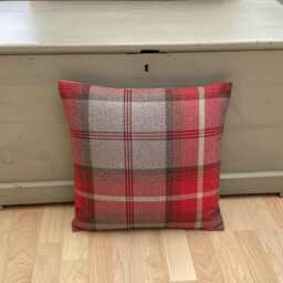 Handmade Set Of 3 Balmoral Cherry Red Grey Tartan Tweed Plaid Wool Effect Fabric Country Throw Pillow Shams Cushion Covers Pompom Trim - thumbnail 3