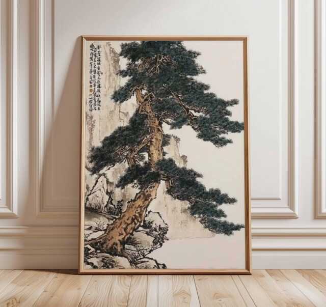 Ancient Pine Tree Wall Art, Japanese Nature Poster Print, Zen Botanical Decor, Oriental Painting, Calm Forest Artwork - image 1