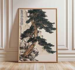 Ancient Pine Tree Wall Art, Japanese Nature Poster Print, Zen Botanical Decor, Oriental Painting, Calm Forest Artwork - thumbnail 1