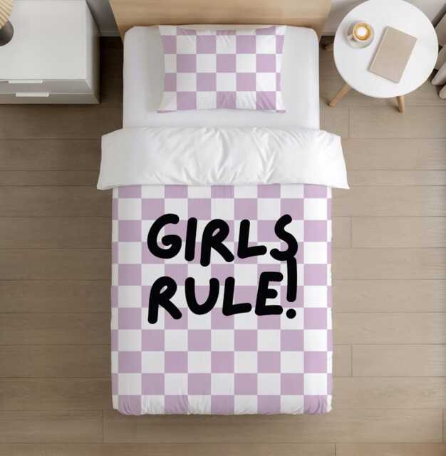 Bedding - Checkered Girls Rule Purple, Duvet Cover Set, Fitted Sheets, Pillow Case, Modern Colourful Watercolour Kids Bedding - image 1