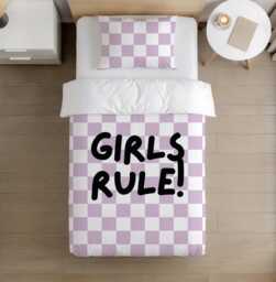 Bedding - Checkered Girls Rule Purple, Duvet Cover Set, Fitted Sheets, Pillow Case, Modern Colourful Watercolour Kids Bedding - thumbnail 1