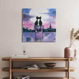 Cats Looking At The Moon Canvas, Wall Art Picture, Purple Decoration, Canvas - thumbnail 2