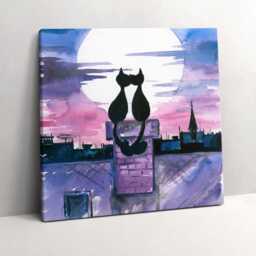 Cats Looking At The Moon Canvas, Wall Art Picture, Purple Decoration, Canvas - thumbnail 1