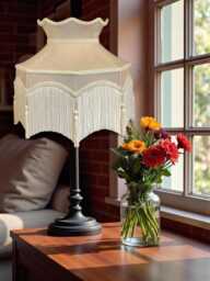 Handmade Oyster Cream Fabric Downton Abbey Style Lampshade Fringe Tassel Trim, Handcrafted in The UK By British Artisans