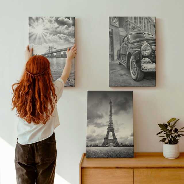 Canvas Art Set Of 3 - City Views, Bridges, Eiffel Tower, Classic Car, Black & White Wall Large, Travels Decor - image 1