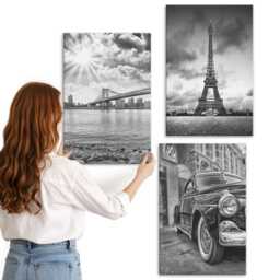 Canvas Art Set Of 3 - City Views, Bridges, Eiffel Tower, Classic Car, Black & White Wall Large, Travels Decor - thumbnail 3